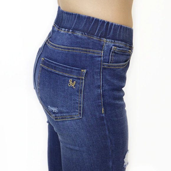 Distressed Mid-Rise Pull-On Denim (Washed Indigo) - Picture 3 of 12